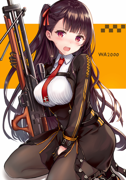 Anime picture 844x1200 with girls frontline wa2000 (girls frontline) sakura ani single long hair tall image looking at viewer blush fringe breasts open mouth light erotic simple background red eyes brown hair large breasts sitting holding bent knee (knees) blunt bangs