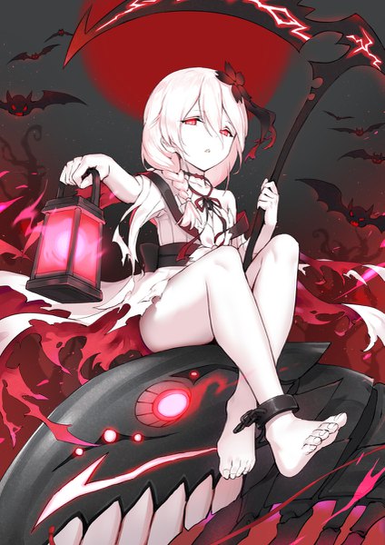 Anime picture 849x1200 with original haoni single long hair tall image looking at viewer fringe open mouth light erotic hair between eyes red eyes sitting holding full body white hair braid (braids) barefoot night bare legs :o