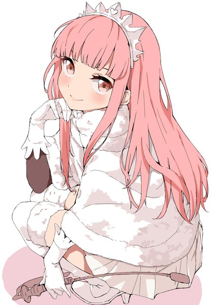 Anime picture 740x1035 with fate (series) fate/grand order medb (fate) mamedenkyuu (berun) single long hair tall image looking at viewer blush fringe simple background smile white background holding pink hair full body bent knee (knees) blunt bangs pleated skirt pink eyes