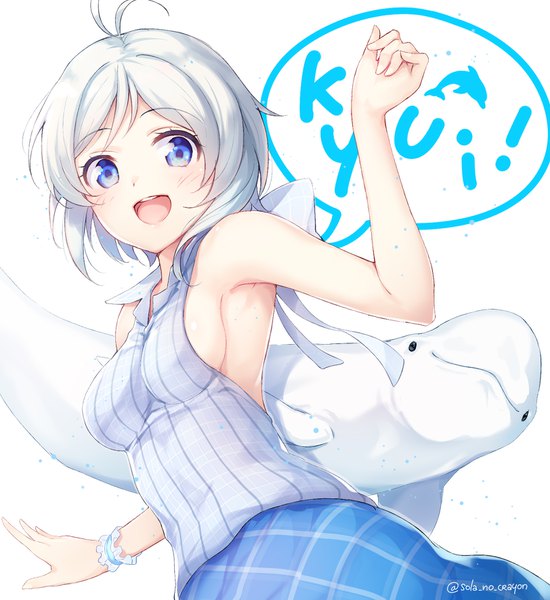 Anime picture 1624x1772 with virtual youtuber .live dennou shoujo siro nijihashi sora single tall image looking at viewer blush short hair breasts blue eyes simple background white background signed silver hair ahoge sleeveless twitter username sideboob girl