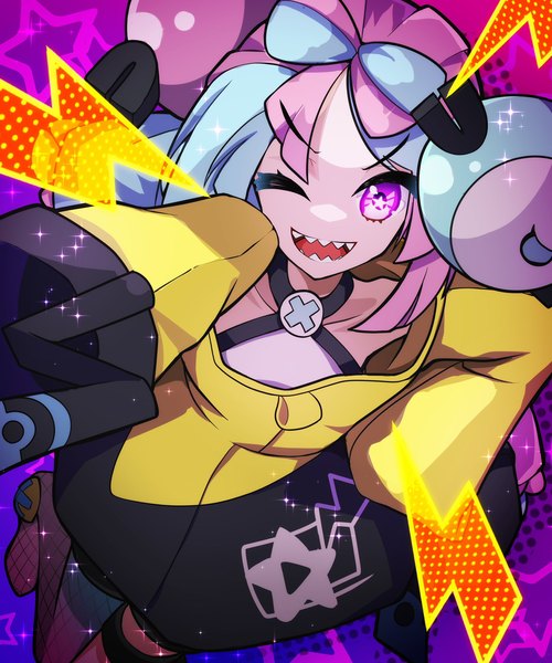 Anime picture 1707x2048 with pokemon pokemon (game) pokemon sv nintendo iono (pokemon) tamaron0710 single long hair tall image looking at viewer highres open mouth purple eyes blue hair pink hair long sleeves one eye closed multicolored hair wink two-tone hair