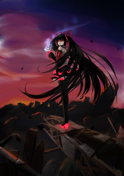 Anime picture 2480x3507 with vocaloid zatsune miku single long hair tall image highres black hair red eyes twintails looking back magic ruins girl detached sleeves thigh boots
