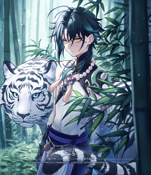 Anime picture 3138x3639 with genshin impact xiao (genshin impact) siya ho single long hair tall image looking at viewer highres black hair signed yellow eyes absurdres outdoors text english forehead mark bamboo forest boy plant (plants) animal