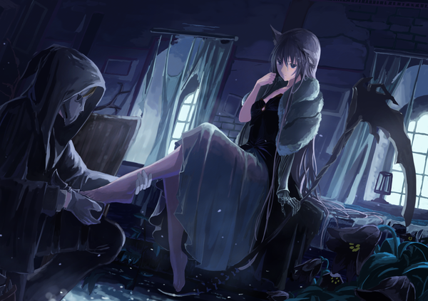 Anime-Bild 2508x1771 mit original mikisai long hair fringe highres blue eyes black hair hair between eyes sitting holding animal ears looking away cleavage full body bent knee (knees) indoors barefoot wide sleeves shoes removed mechanical arms