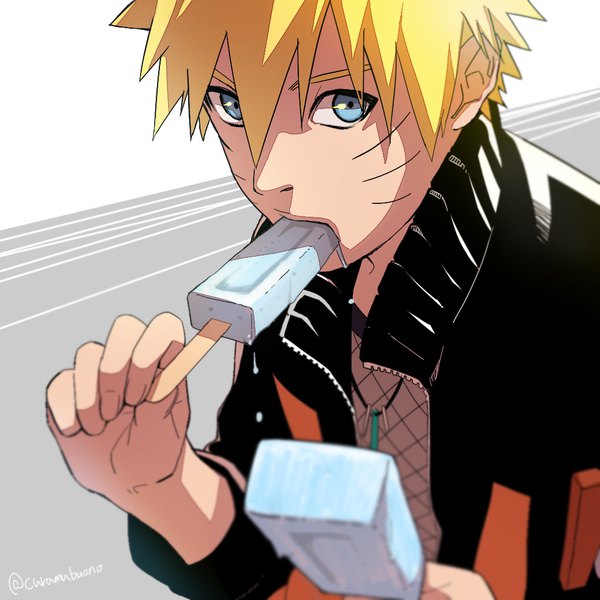 Anime picture 1024x1024 with naruto studio pierrot naruto (series) uzumaki naruto curamubuono single looking at viewer fringe short hair blue eyes blonde hair hair between eyes holding mouth hold facial mark eating whisker markings jinchuriki boy food