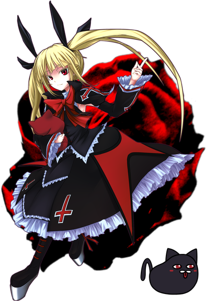 Anime picture 2000x2918 with blazblue rachel alucard gii nago reon (wildkuma) long hair tall image highres blonde hair smile red eyes twintails absurdres loli transparent background girl dress cat cross