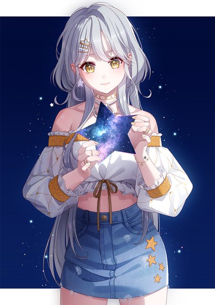 Anime picture 870x1230 with original unjem single long hair tall image looking at viewer blush fringe simple background standing bare shoulders holding yellow eyes silver hair long sleeves head tilt off shoulder midriff star print starry sky print