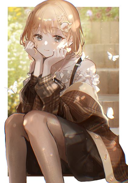 Anime picture 2881x4096 with virtual youtuber hololive hololive english watson amelia oyuyu single tall image looking at viewer blush fringe highres short hair blue eyes blonde hair smile sitting bent knee (knees) outdoors blunt bangs pleated skirt