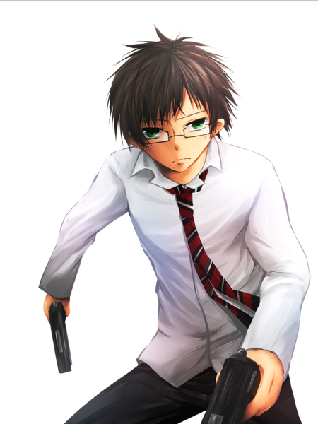 Anime picture 1200x1600 with ao no exorcist a-1 pictures okumura yukio single tall image looking at viewer fringe short hair brown hair white background green eyes boy uniform weapon school uniform glasses necktie gun