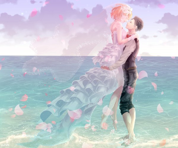 Anime picture 1200x999 with shingeki no kyojin production i.g levi (rivaille) petra ral kaine.c blonde hair smile brown hair standing bare shoulders holding sky profile barefoot hair flower grey hair couple hug face to face lacing
