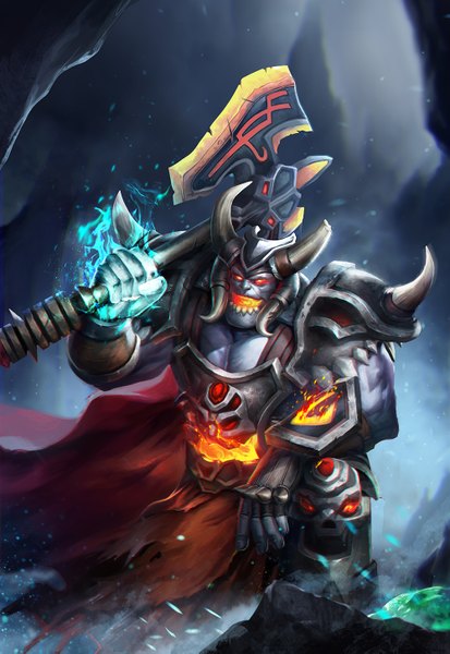Anime picture 1000x1453 with league of legends sion (league of legends) lldarkart single tall image looking at viewer open mouth red eyes fingernails teeth boy weapon armor helmet spaulder (spaulders) vambraces axe