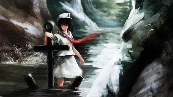 Anime picture 2666x1500 with touhou murasa minamitsu hjistc single highres short hair black hair wide image eyes closed river girl water sailor suit anchor