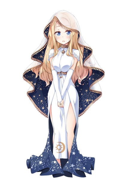 Anime picture 827x1169 with kirara fantasia sola (kirara fantasia) tokunou shoutarou single long hair tall image looking at viewer blush breasts open mouth blue eyes blonde hair standing full body sideboob side slit transparent background hands clasped star print girl