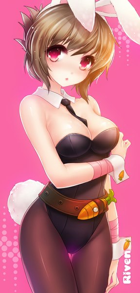 Anime picture 450x937 with league of legends riven (league of legends) battle bunny riven keikazz single tall image blush fringe short hair light erotic red eyes brown hair bare shoulders animal ears tail animal tail bunny ears fake animal ears bunny girl pink background