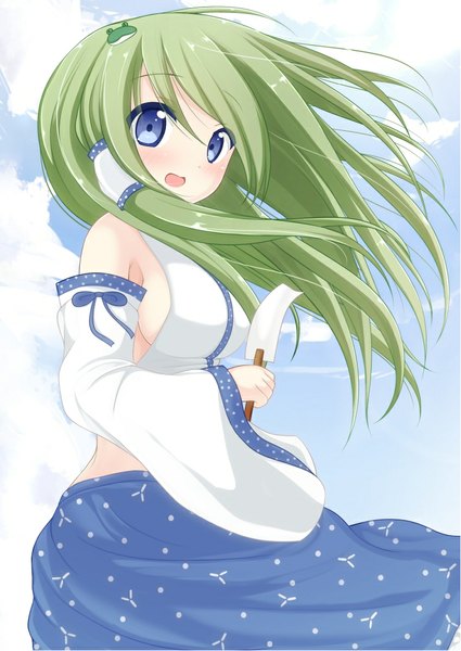 Anime picture 753x1063 with touhou kochiya sanae chimunge single long hair tall image looking at viewer blush open mouth blue eyes standing bare shoulders holding sky cloud (clouds) outdoors green hair wind girl detached sleeves