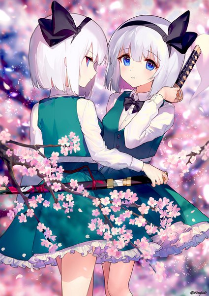 Anime picture 900x1270 with touhou konpaku youmu ainy tall image looking at viewer blush short hair blue eyes standing multiple girls silver hair outdoors profile blurry cherry blossoms dual persona spring unsheathing girl skirt