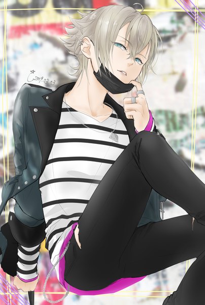 Anime picture 1200x1780 with readyyy! usui chihiro yanase rei single tall image looking at viewer fringe short hair hair between eyes sitting ahoge bent knee (knees) parted lips aqua eyes grey hair blurry open jacket piercing dated ear piercing