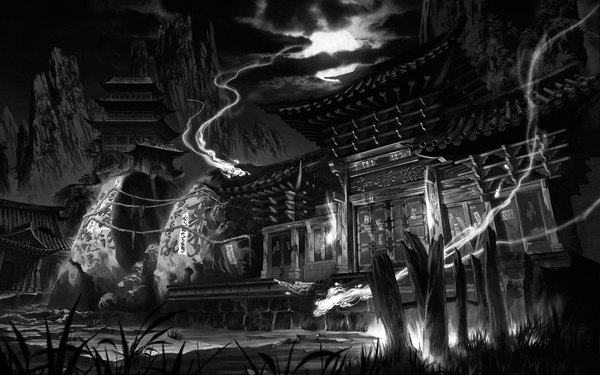 Anime picture 1680x1050 with original wide image monochrome mountain ghost moon full moon house japanese house shrine