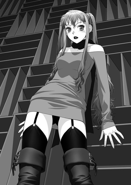 Anime picture 847x1200 with original toshiki yui single long hair tall image looking at viewer blush light erotic twintails grey hair grey eyes pantyshot monochrome girl thighhighs dress underwear panties black thighhighs scarf