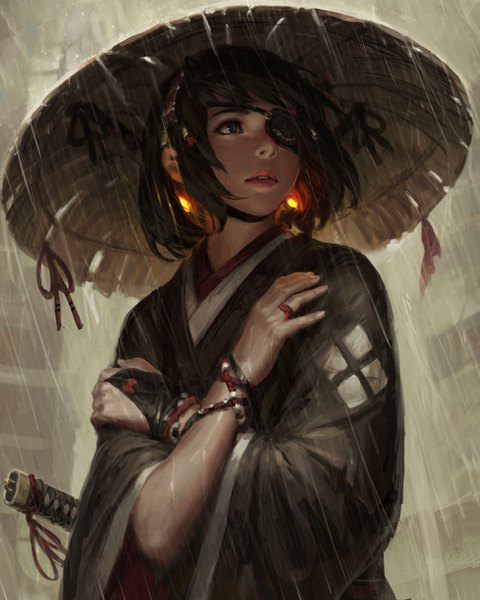Anime-Bild 2000x2500 mit original guweiz single tall image fringe highres short hair black hair standing looking away upper body outdoors traditional clothes parted lips japanese clothes wind lips black eyes realistic wide sleeves