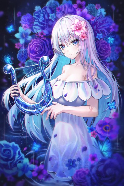 Anime picture 1007x1514 with original poise single long hair tall image looking at viewer blush fringe breasts blue eyes smile hair between eyes standing holding silver hair multicolored hair hair flower blurry off shoulder colored inner hair
