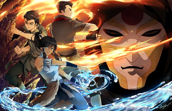 Anime picture 1275x825 with avatar: the legend of korra korra bolin amon (avatar) mako tooaya long hair short hair open mouth blue eyes black hair smile red eyes twintails ponytail profile magic girl boy water