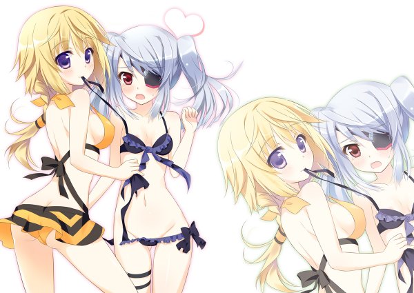 Anime picture 1200x850 with infinite stratos 8bit charles dunois laura bodewig blush short hair light erotic blonde hair red eyes purple eyes twintails multiple girls silver hair mouth hold groin zoom layer girl 2 girls swimsuit bikini