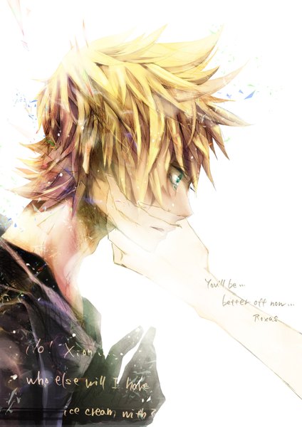 Anime picture 1200x1697 with kingdom hearts square enix roxas kazawa single tall image short hair blue eyes simple background blonde hair white background sunlight tears crying boy hand