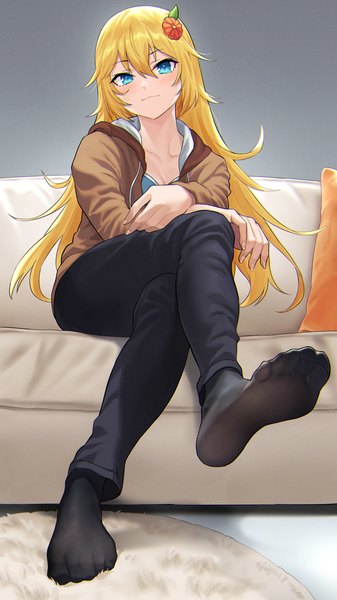 Anime picture 810x1440 with original deca purio single long hair tall image looking at viewer blush fringe blue eyes blonde hair hair between eyes sitting full body indoors long sleeves shadow no shoes crossed legs soles girl