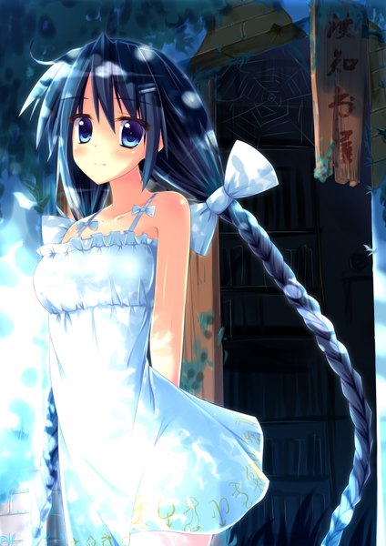 Anime picture 2480x3507 with original angel koman single tall image blush highres blue eyes bare shoulders blue hair braid (braids) very long hair twin braids hands behind back girl dress bow plant (plants) hair bow tree (trees) white dress