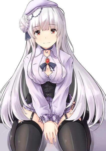 Anime picture 2894x4093 with azur lane cygnet (azur lane) kashikomo single long hair tall image looking at viewer blush fringe highres breasts light erotic simple background hair between eyes red eyes white background sitting payot cleavage silver hair