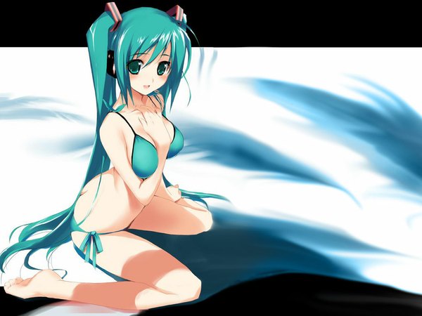 Anime picture 1024x768 with vocaloid hatsune miku blush light erotic twintails kneeling hand on chest girl swimsuit bikini