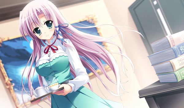 Anime picture 2048x1200 with angel ring suou mitsuru saeki nao single long hair highres wide image green eyes game cg purple hair girl ribbon (ribbons) book (books)
