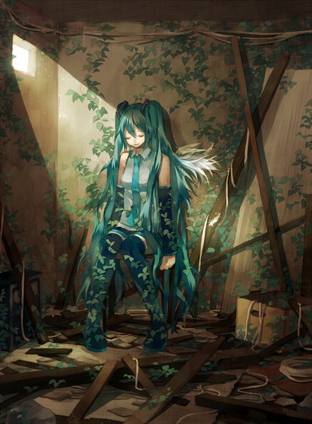 Anime picture 700x950 with vocaloid hatsune miku tsukioka tsukiho single tall image smile sitting twintails bare shoulders eyes closed very long hair sunlight aqua hair girl plant (plants) detached sleeves boots window thigh boots rope