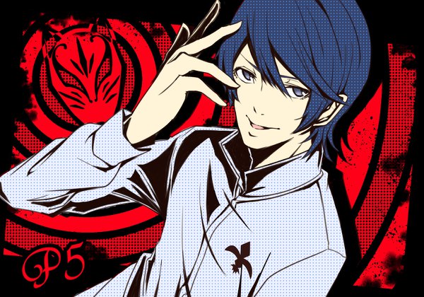 Anime picture 1200x840 with persona 5 persona kitagawa yuusuke motoki rinn single fringe short hair blue eyes smile hair between eyes blue hair looking away upper body black background red background boy shirt white shirt mask fox mask