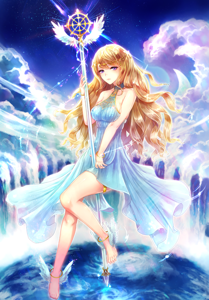 Anime picture 1000x1433 with original wrt single long hair tall image looking at viewer fringe breasts blonde hair purple eyes bare shoulders holding sky cloud (clouds) bent knee (knees) barefoot night bare legs no shoes night sky