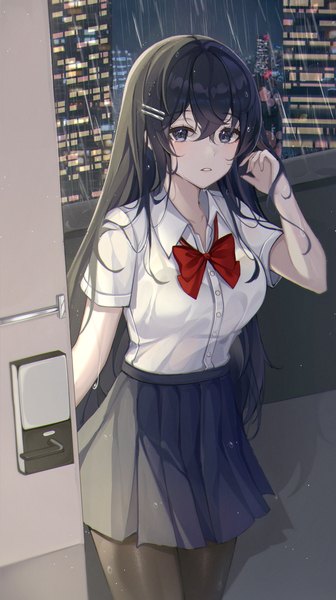 Anime picture 3286x5868 with original yulha 06 single long hair tall image looking at viewer blush fringe highres light erotic black hair hair between eyes standing absurdres parted lips pleated skirt arm up black eyes night short sleeves