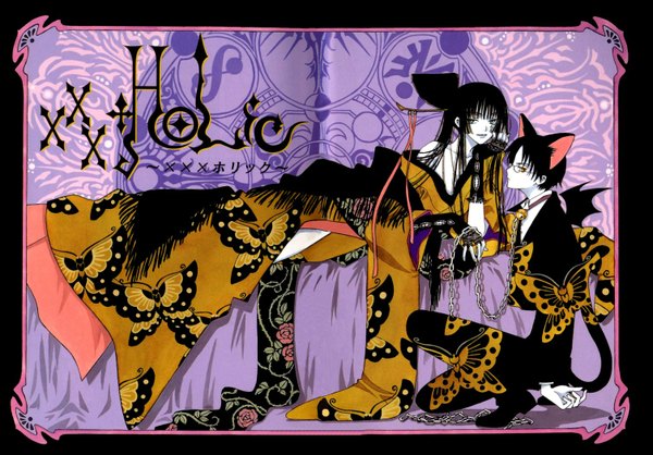 Anime picture 1506x1050 with xxxholic clamp ichihara yuuko watanuki kimihiro long hair highres short hair blue eyes black hair red eyes animal ears traditional clothes japanese clothes cat ears girl boy wings glasses kimono insect