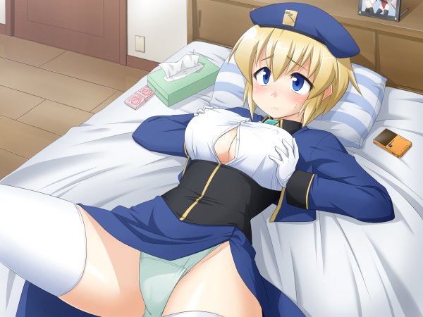 Anime picture 1200x900 with blazblue noel vermillion single blush short hair breasts blue eyes light erotic blonde hair nipples lying legs girl thighhighs dress gloves underwear panties white thighhighs pillow
