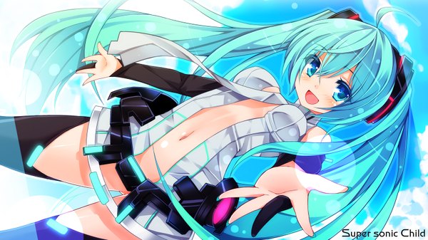 Anime picture 1600x900 with vocaloid vocaloid append hatsune miku hatsune miku (append) chiri (atlanta) blush open mouth light erotic wide image twintails very long hair aqua eyes aqua hair midriff girl navel necktie