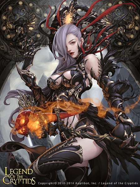 Anime picture 720x960 with legend of the cryptids lange long hair tall image fringe light erotic bare shoulders purple hair lips hair over one eye inscription grey eyes copyright name girl thighhighs gloves armor staff fire skull