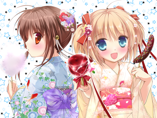 Anime picture 1000x754 with little busters! key (studio) natsume rin kamikita komari asahina yori blush short hair open mouth blue eyes blonde hair red eyes brown hair multiple girls japanese clothes hair flower two side up girl hair ornament ribbon (ribbons) 2 girls