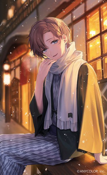 Anime picture 851x1383 with virtual youtuber nijisanji kanae (nijisanji) usuke (u skeeep) single tall image looking at viewer short hair brown hair sitting outdoors traditional clothes japanese clothes mole arm support official art grey eyes mole under eye snowing exhalation