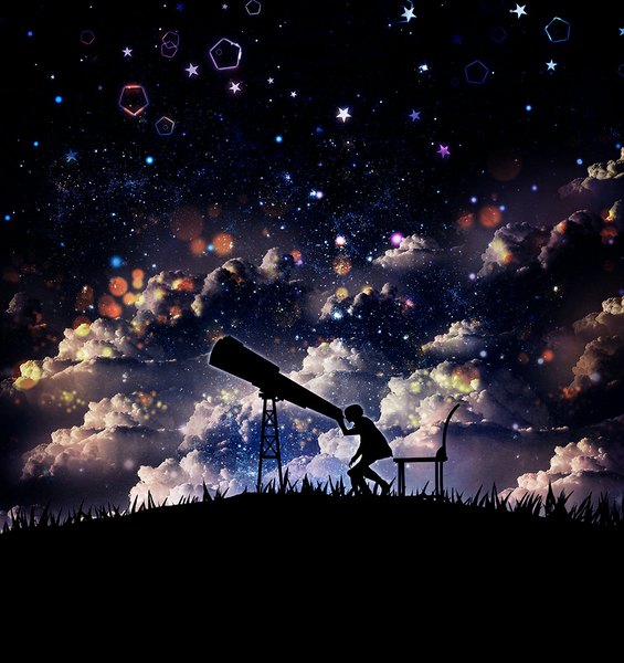 Anime picture 1000x1063 with original harada miyuki single tall image sitting sky cloud (clouds) profile night night sky glow silhouette boy plant (plants) grass chair telescope