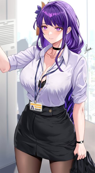 Anime picture 1100x2000 with genshin impact raiden shogun piukute062 single long hair tall image blush fringe breasts light erotic large breasts standing purple eyes holding signed payot looking away cleavage purple hair indoors