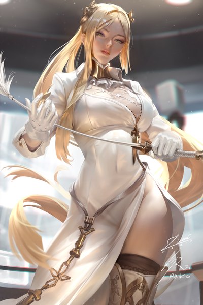 Anime picture 2339x3508 with nier nier:automata yorha infantry squad commander zumi (zumidraws) raikoart single tall image looking at viewer fringe highres breasts light erotic blonde hair standing holding signed yellow eyes payot ponytail very long hair