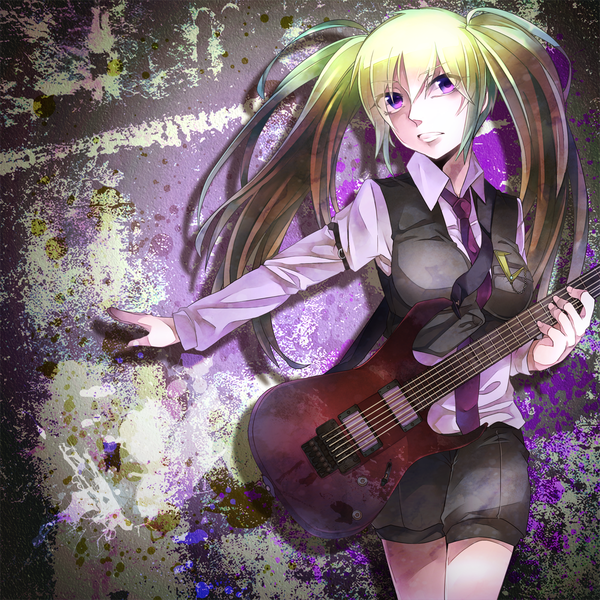 Anime picture 1200x1200 with vocaloid hatsune miku single long hair blush breasts open mouth twintails purple eyes looking away multicolored hair alternate costume girl shirt necktie shorts vest guitar bass guitar