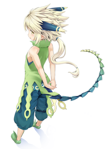 Anime picture 934x1267 with summon night corlal (summon night) ell single long hair tall image blush simple background blonde hair standing white background yellow eyes tail looking back from behind androgynous clothes