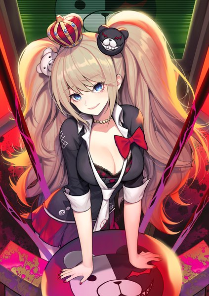 Anime picture 1000x1420 with dangan ronpa enoshima junko monokuma kyundoo single long hair tall image looking at viewer fringe breasts open mouth blue eyes light erotic blonde hair smile hair between eyes large breasts standing twintails payot