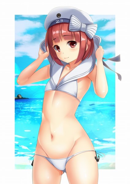 Anime picture 637x900 with kantai collection z3 destroyer (max schultz) neko neko koneko single tall image looking at viewer blush fringe short hair breasts light erotic brown hair brown eyes sky cloud (clouds) blunt bangs character names groin flat chest ass visible through thighs